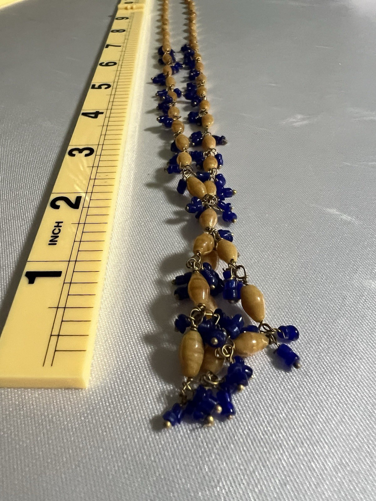 Vintage Mid Century Czech Glass Y Necklace Cobalt Blue Caramel Drop 25″