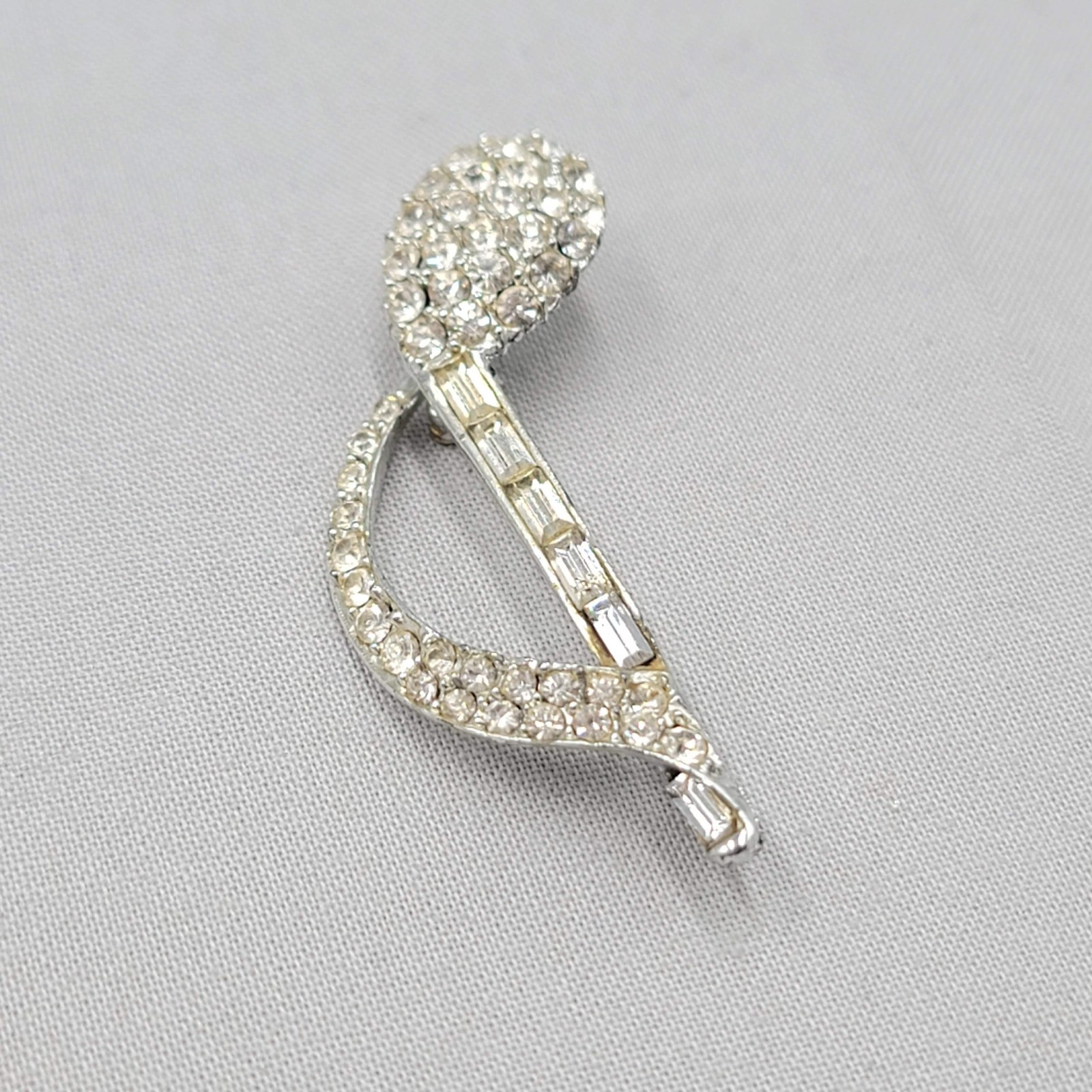 Vintage Music Note 8th Note Brooch Silver tone Clear Rhinestone Baguette 2″