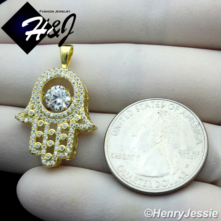 MEN WOMEN 925 STERLING SILVER ICY CZ GOLD PLATED 3D HAMSA HAND PENDANT*GP256