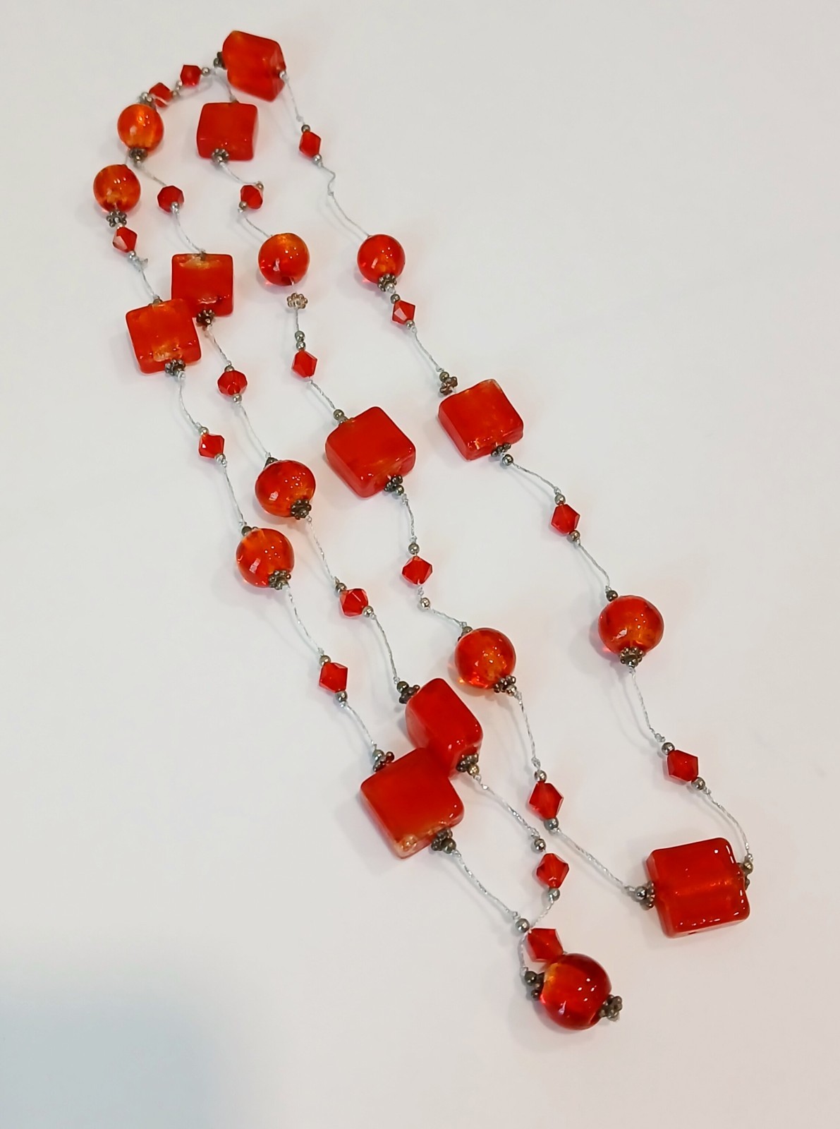 Vintage 36″ Multi-Shape Red Art Glass Station Necklace~36.3g~Single Strand 😍