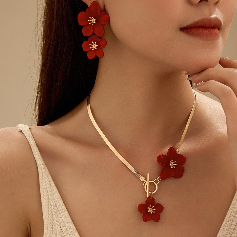 Women’s Fashion Elegant Red Flower Pendant Necklace Earring Set Alloy Jewelry
