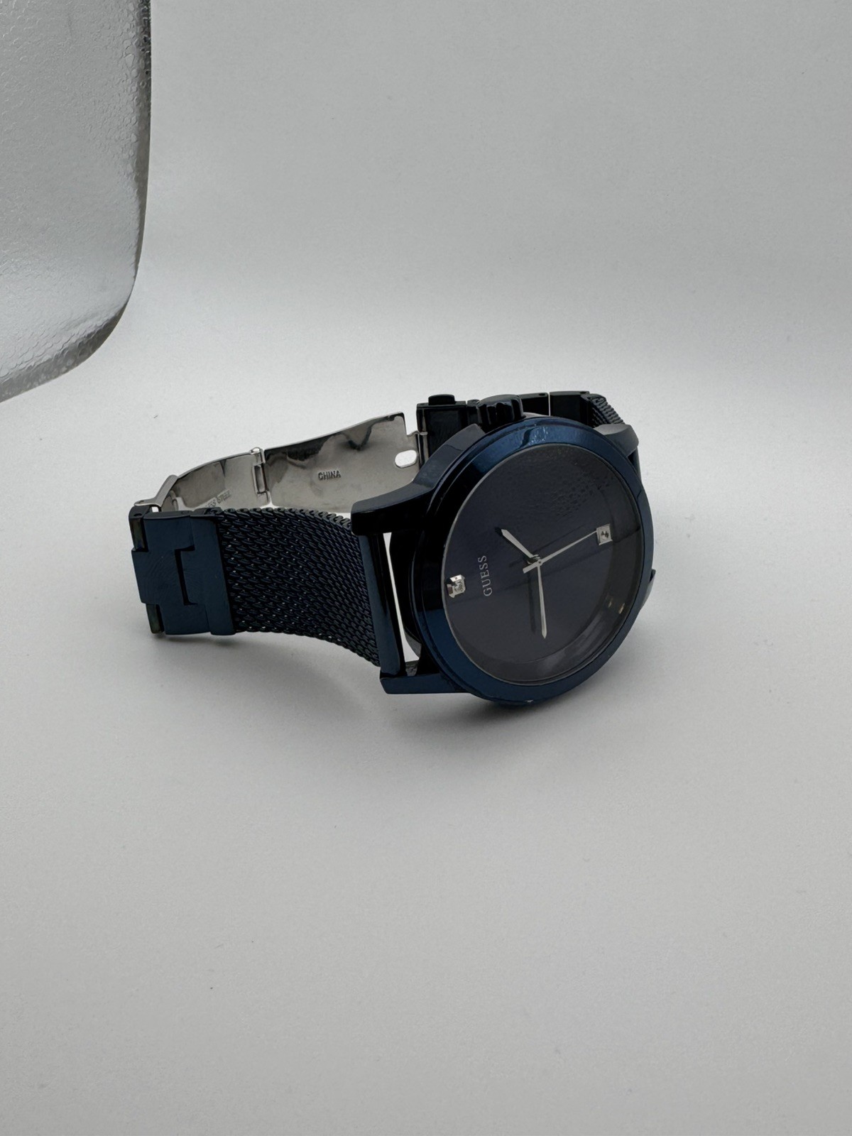 Guess Iconic Diamond Blue Dial Mesh Band Mens Watch U0297G2