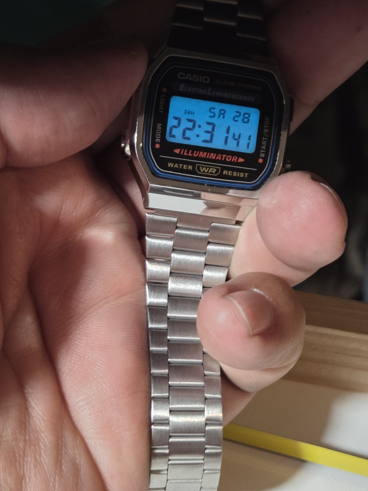 Casio A168WA-1W Digital Alarm Stainless Steel Illuminator Watch A168WA-1 C135B