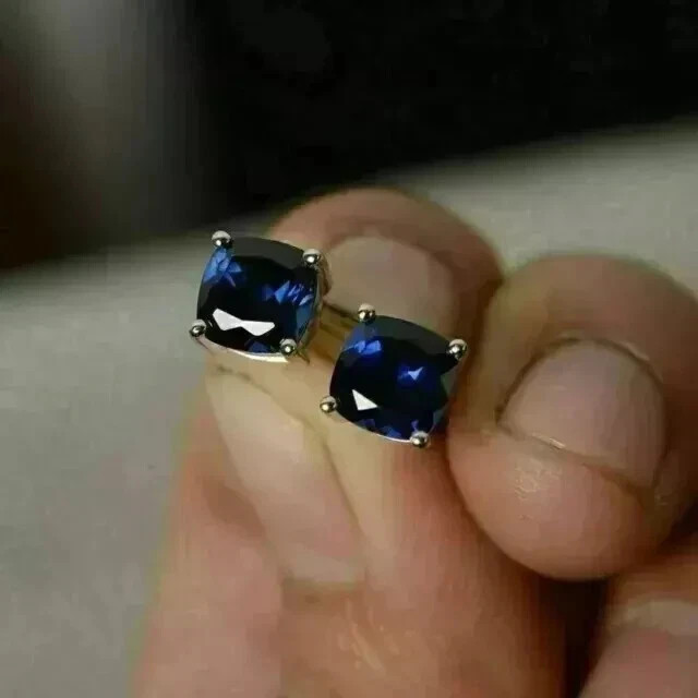 2Ct Cushion Lab Created Sapphire Solitaire Stud Earrings 14K White Gold Plated