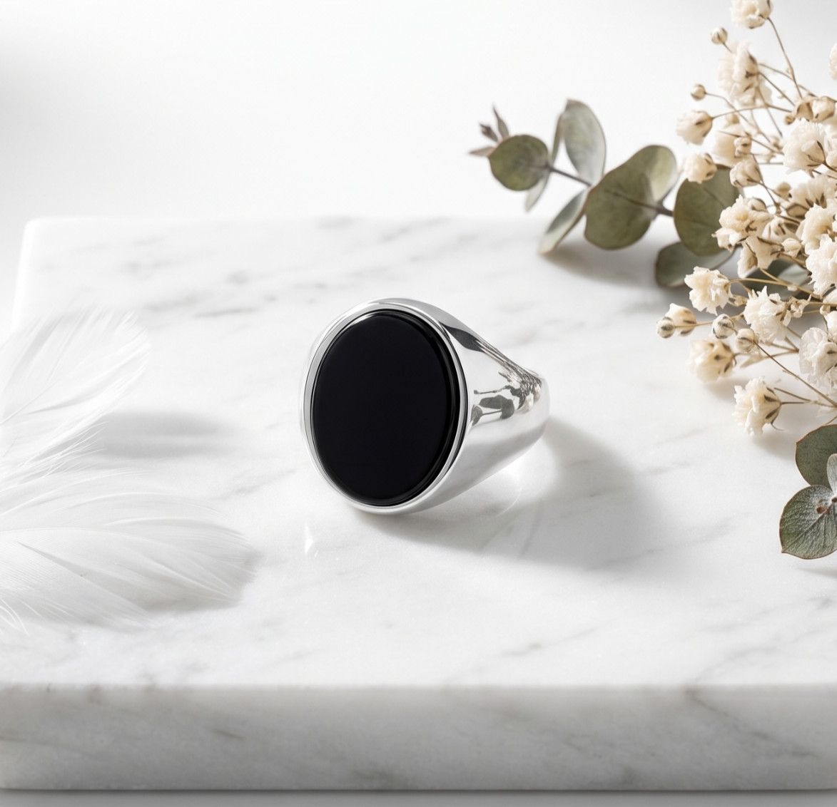 925 Silver Black Onyx Signet Ring Men Oval Flat Minimalist Statement Band Gift