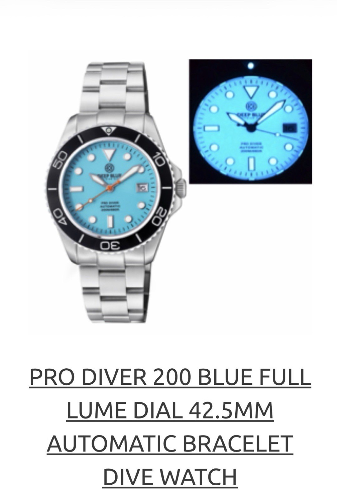 Deep Blue PRO DIVER 200 42.5MM AUTO DIVE WATCH-BLUE FULL LUME DIAL -NEW‼️