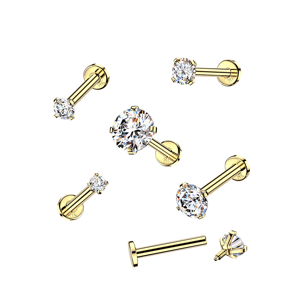 14K Gold Internally Threaded Flat Base Labret With Prong Set Lab-Grown Diamond