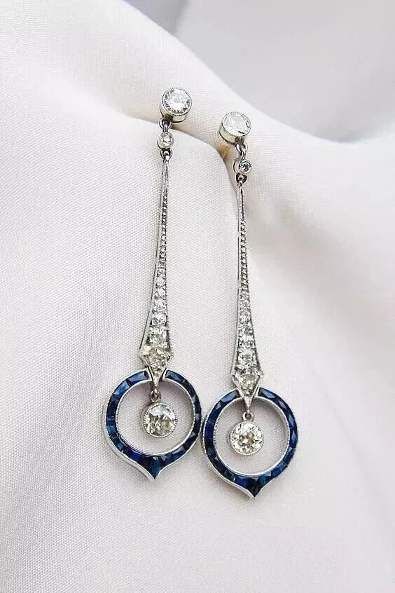 2Ct Round Natural Sapphire Vintage Art Deco Style Earrings 14K White Gold Plated