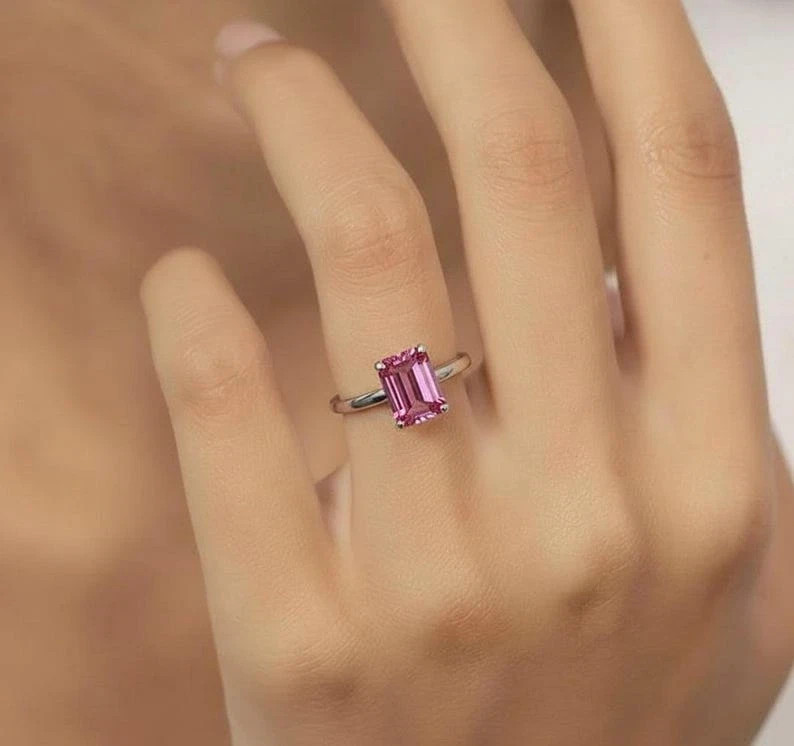 8 Ct Stone Natural Certified Pink Sapphire Ring 925 Silver Emerald Cut Gemstone