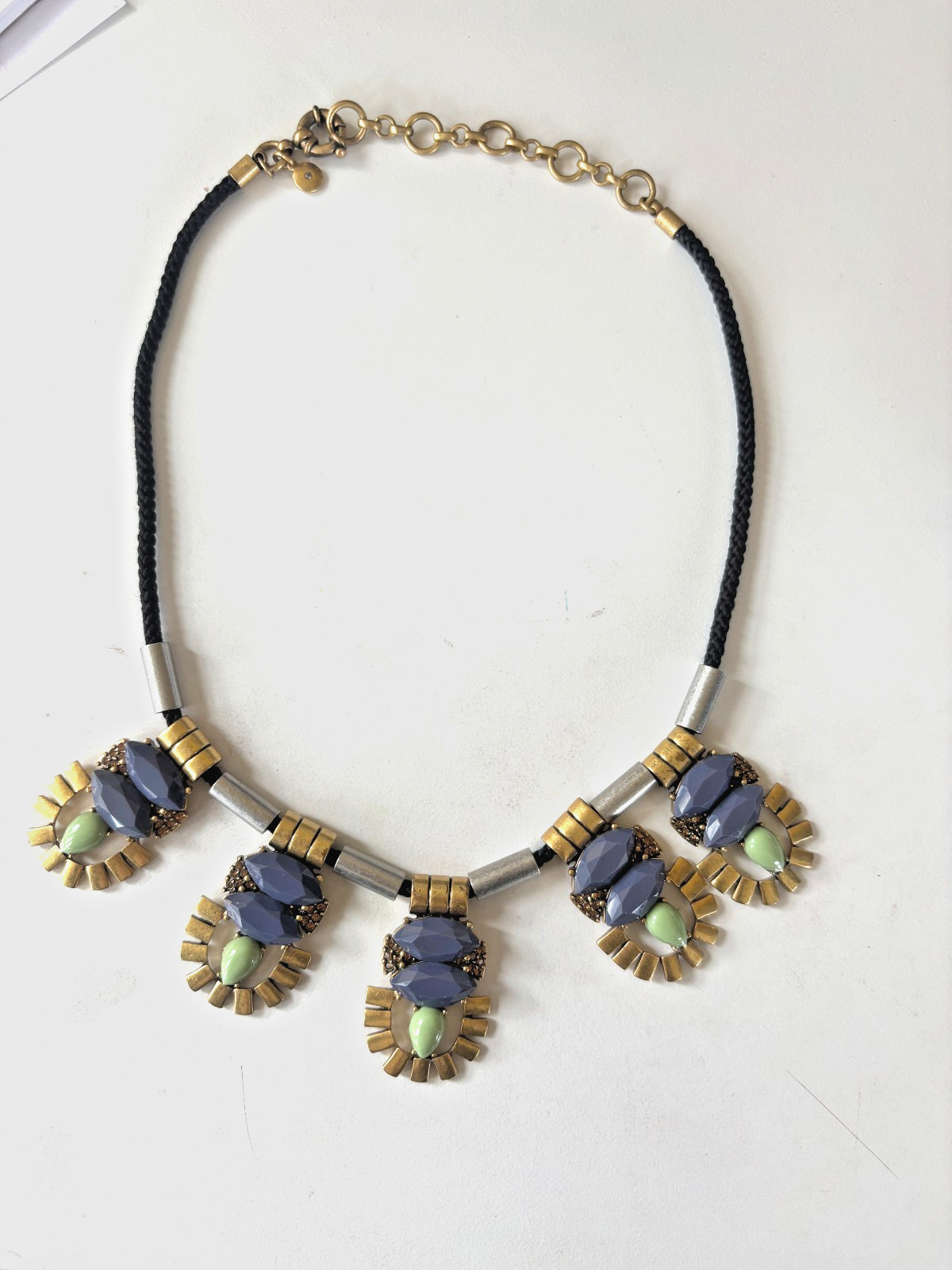 J. CREW Signed Necklace Mint Slate Blue Silver Gold Tone Accents Bold Glamour