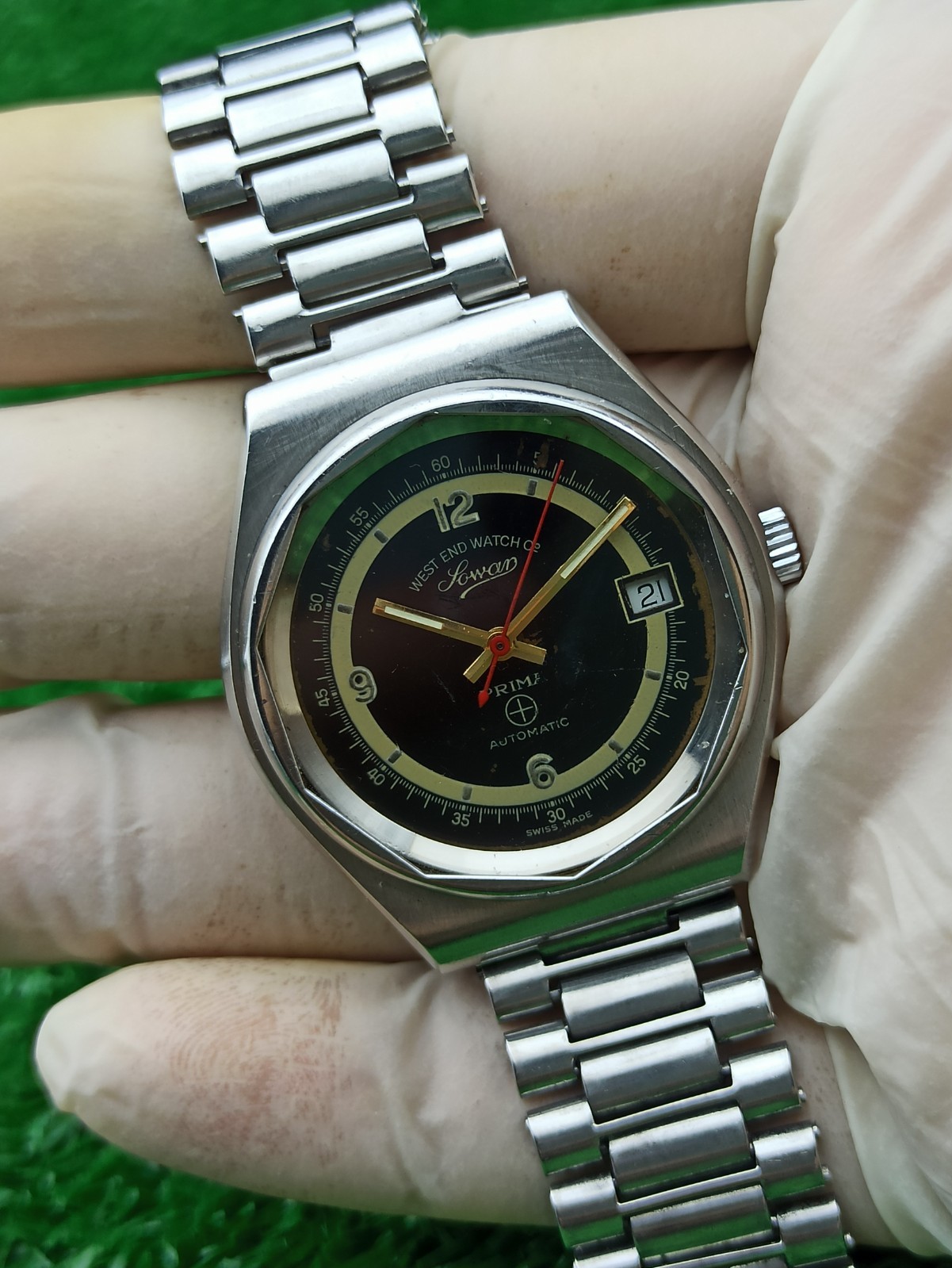 Vintage West End Watch Co Sowar Prima Automatic Swiss Mens Black Dial Watch