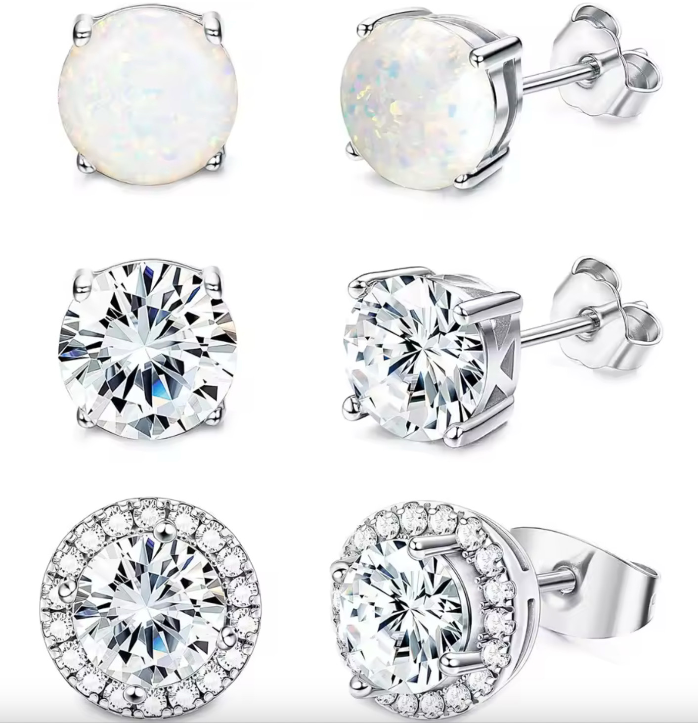 18K White Gold Plated Stainless Steel Stud Earrings Set of 3 Styles
