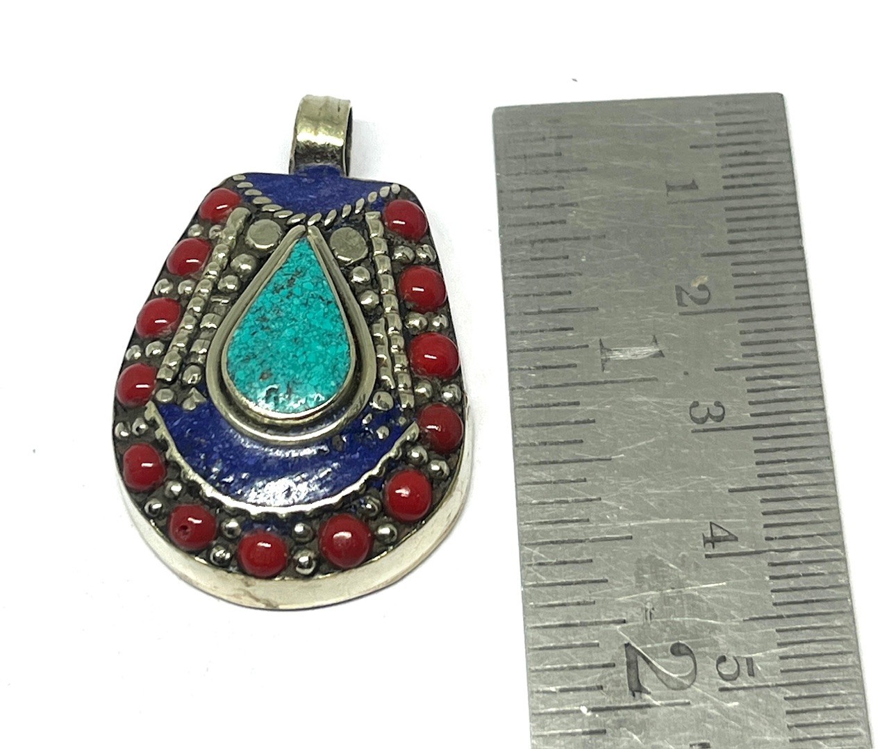 Red Coral, Turquoise Gemstone Tibetan Style Boho Pendant Jewelry, 1.6 inch