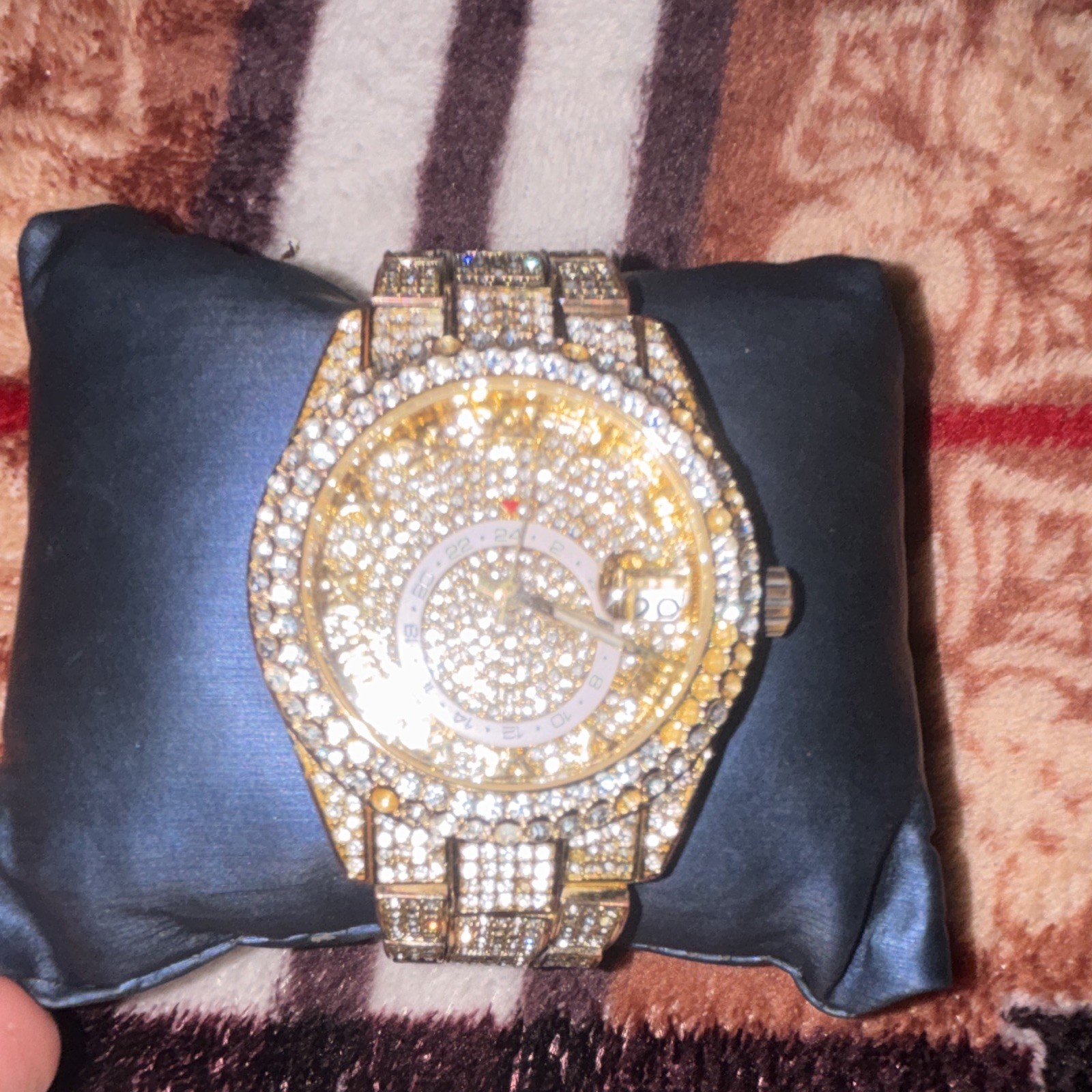 Gold Tone Iced Out Crystal Analog Round Watch Metal Bracelet w/ Box Manual