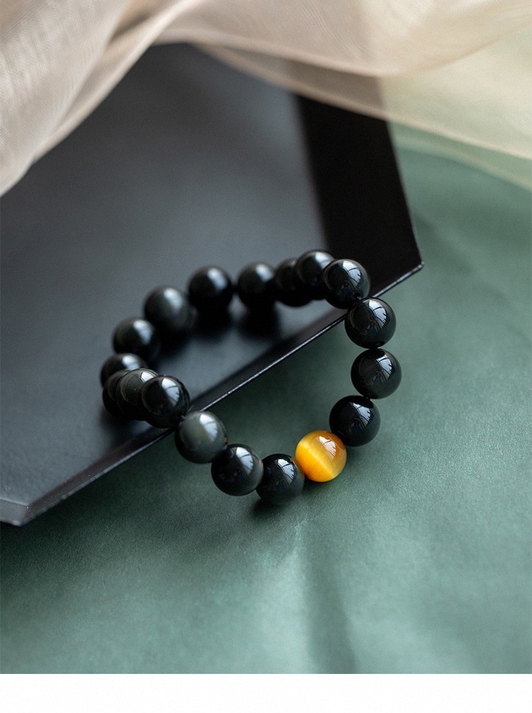 Handmade Black Obsidian & Tiger’s Eye Beaded Bracelet: Crystal Healing Jewelry
