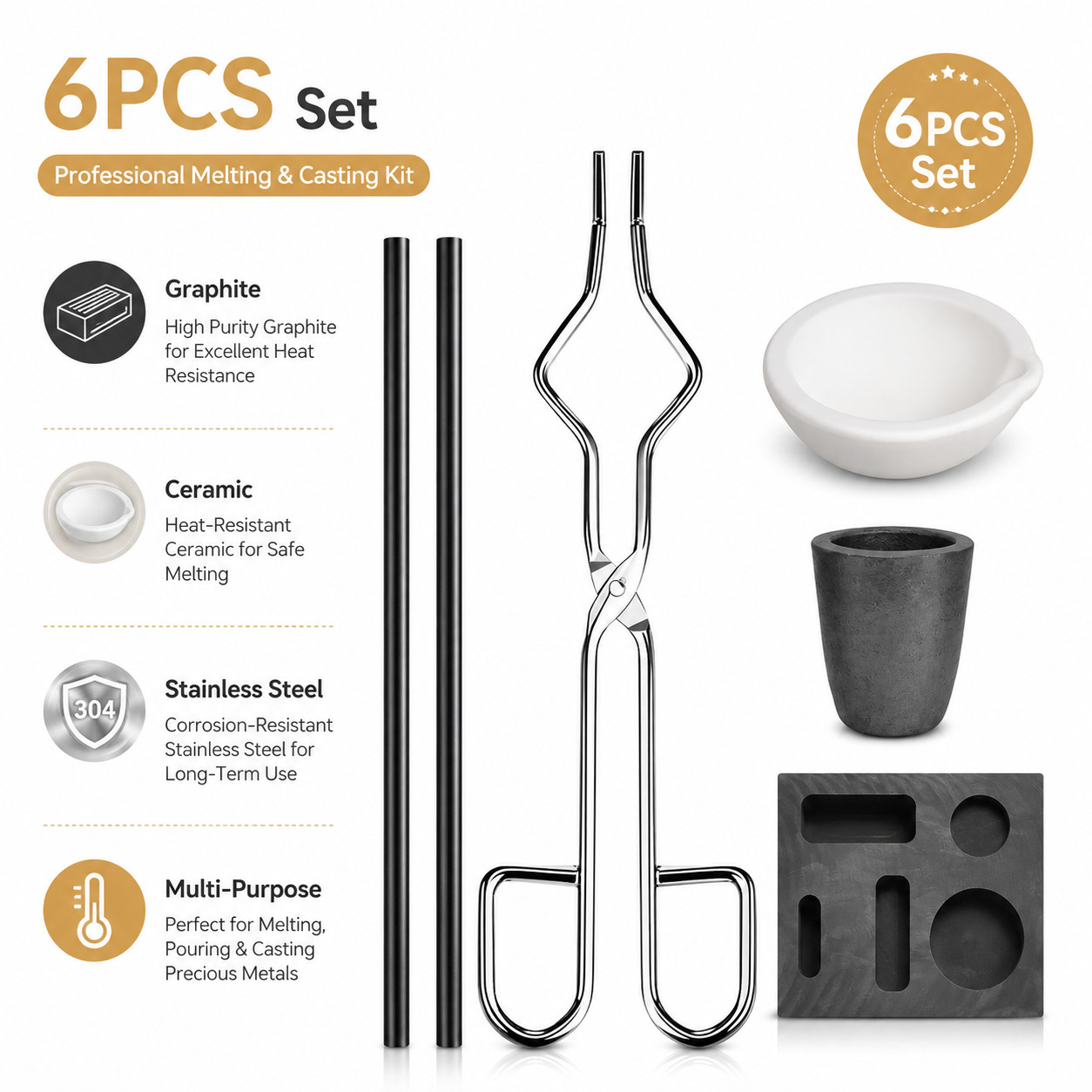 6Pack Metal Melting Casting Kit Graphite Ingot Mold Gold Silver Copper Refining