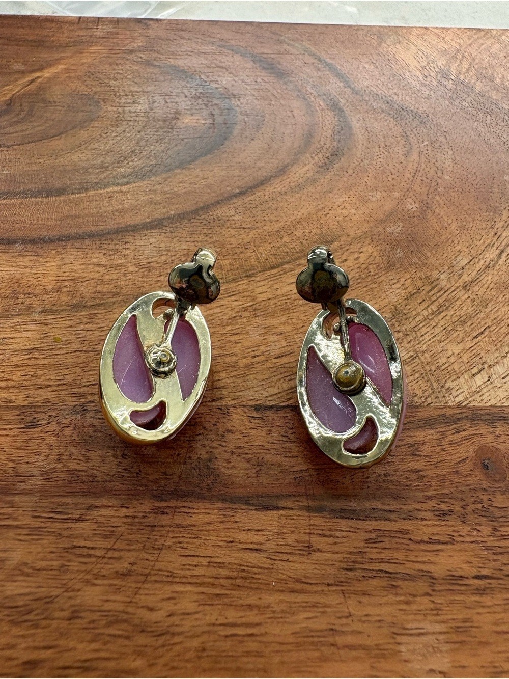 Vintage Pink Enamel and Gold-Tone Oval Clip-On Earrings