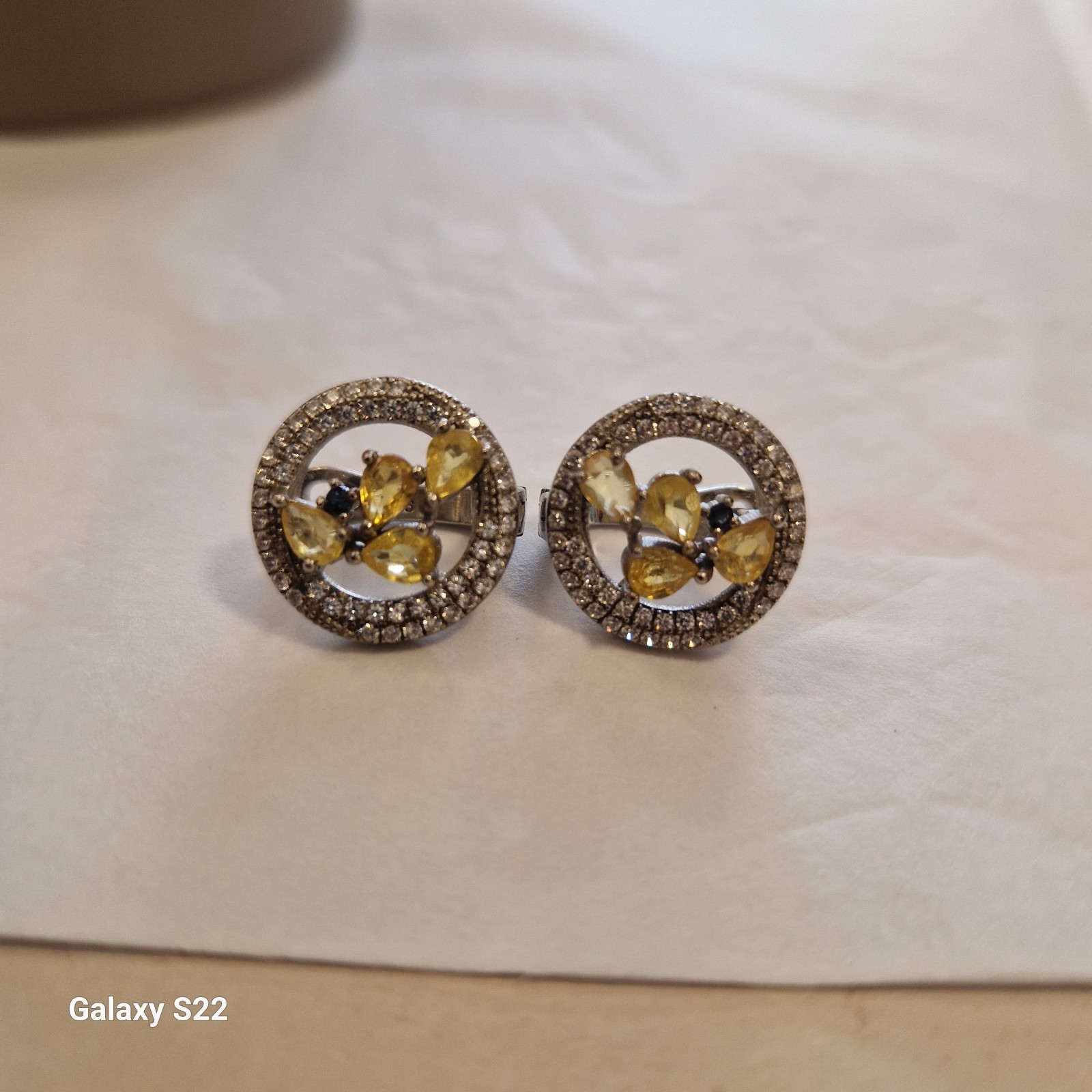 925 Sterling Silver Natural Citrine , Sapphire & CZ Earrings. NEW