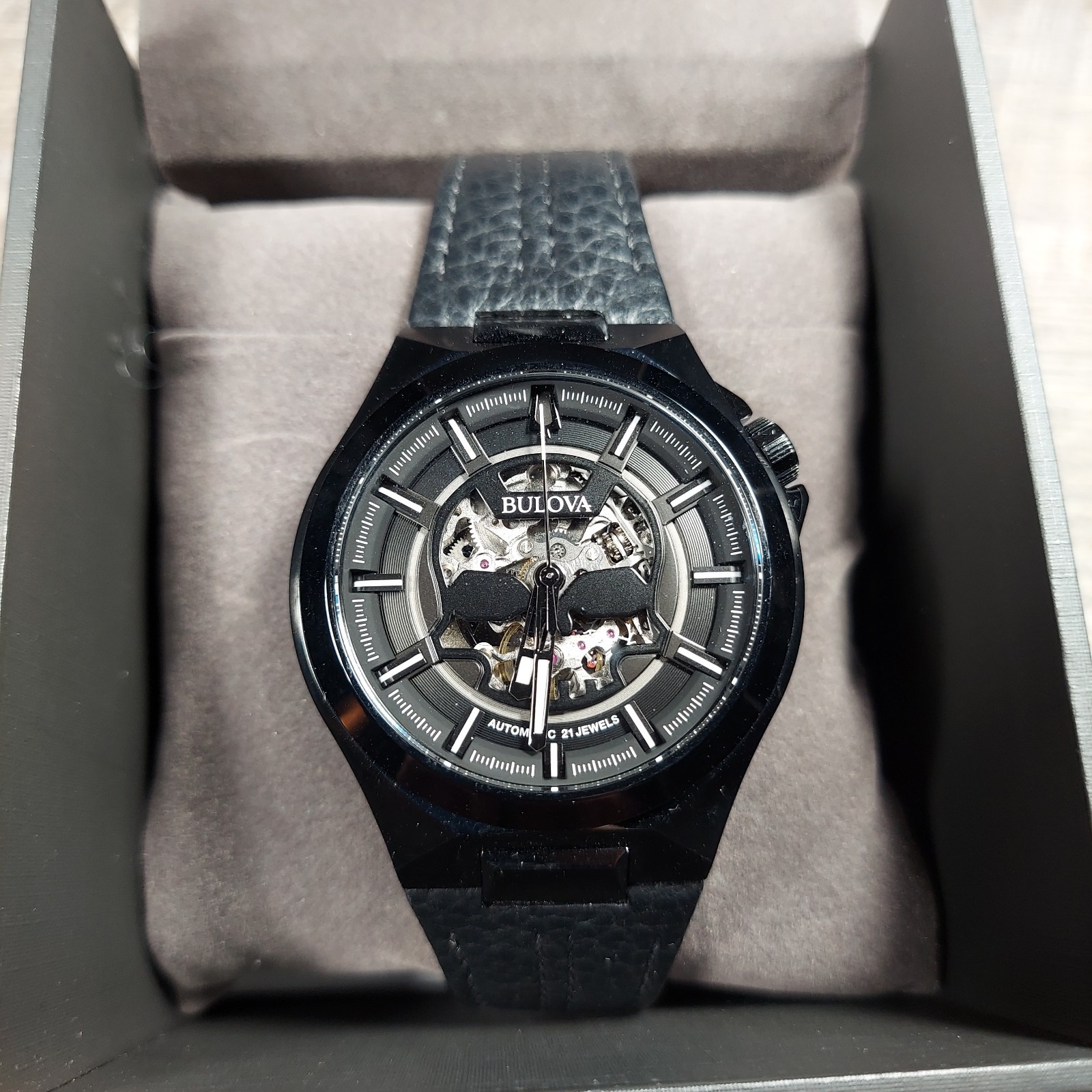 Bulova Men’s Maquina Automatic Black Leather Strap Watch 98A238 | Never Worn