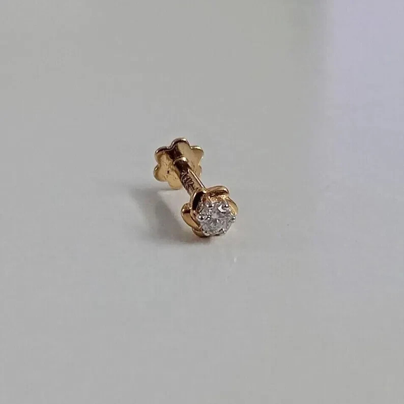 0.05 Ct Round Cut Lab Grown Diamond Nose Piercing Stud Pin 14K Yellow Gold