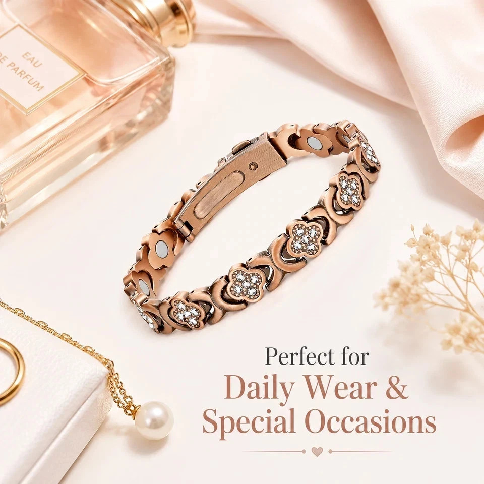 Women’s Copper Magnetic Bracelet Clover Crystal Adjustable Pain Relief Arthritis