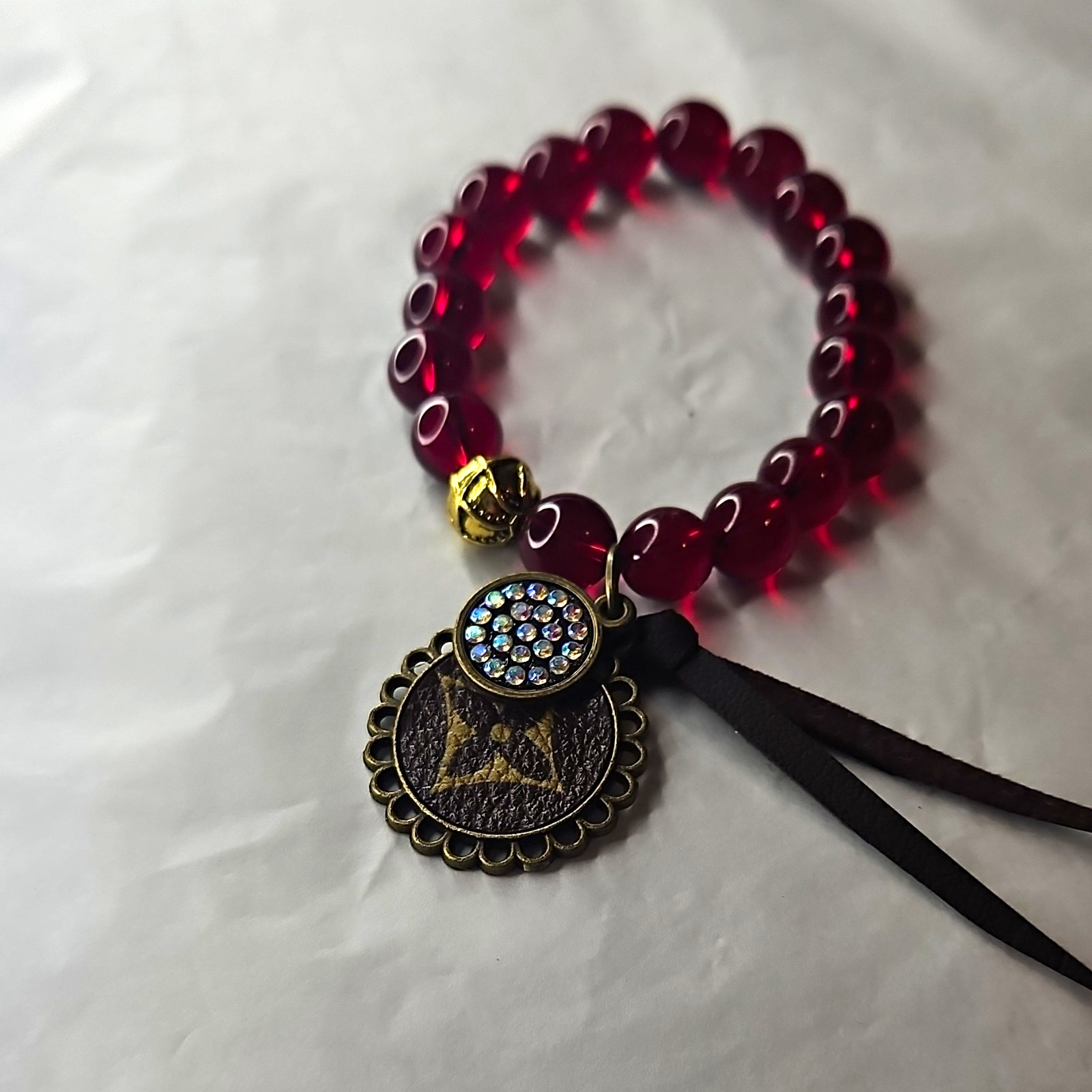 Red/Gold/Black Beaded Stretch Bracelet w/ Dangle Charm Crystal Disc Tassel