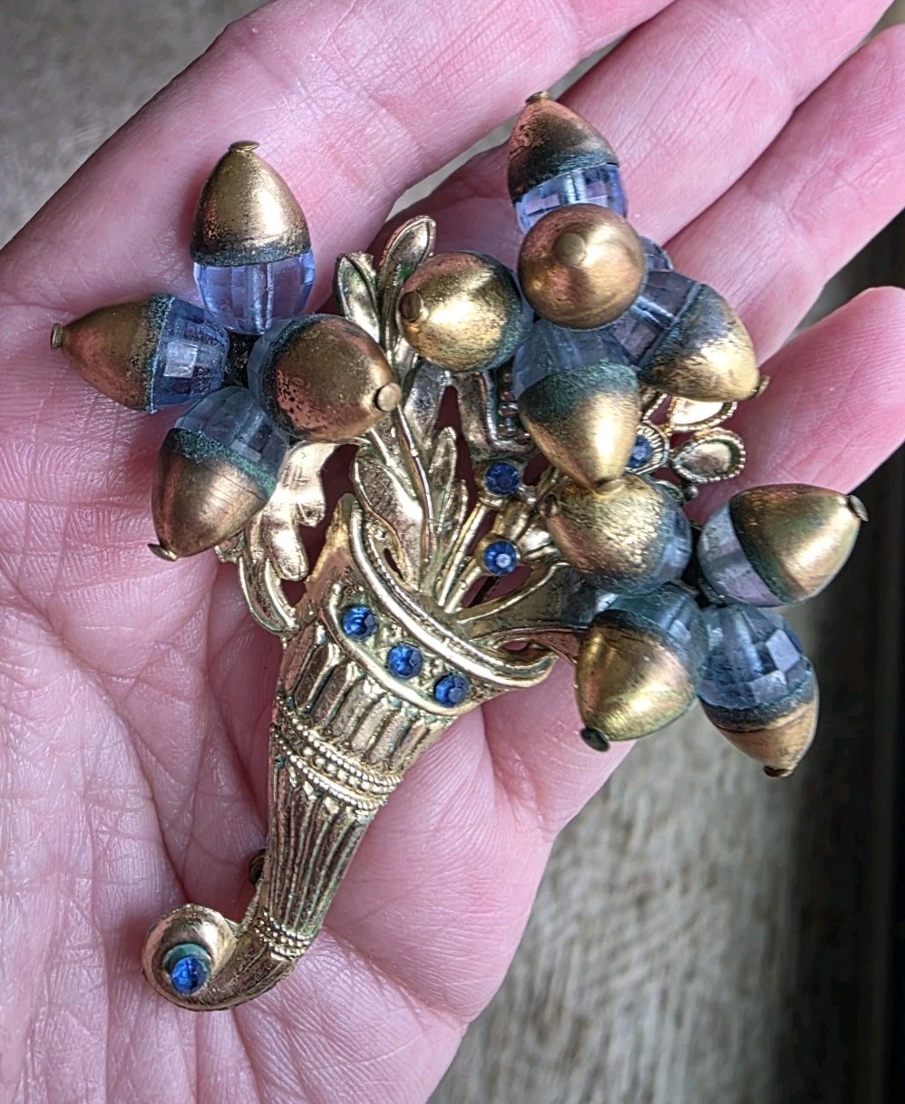 Vintage Metal And Glass Dangly Cornucopia Brooch