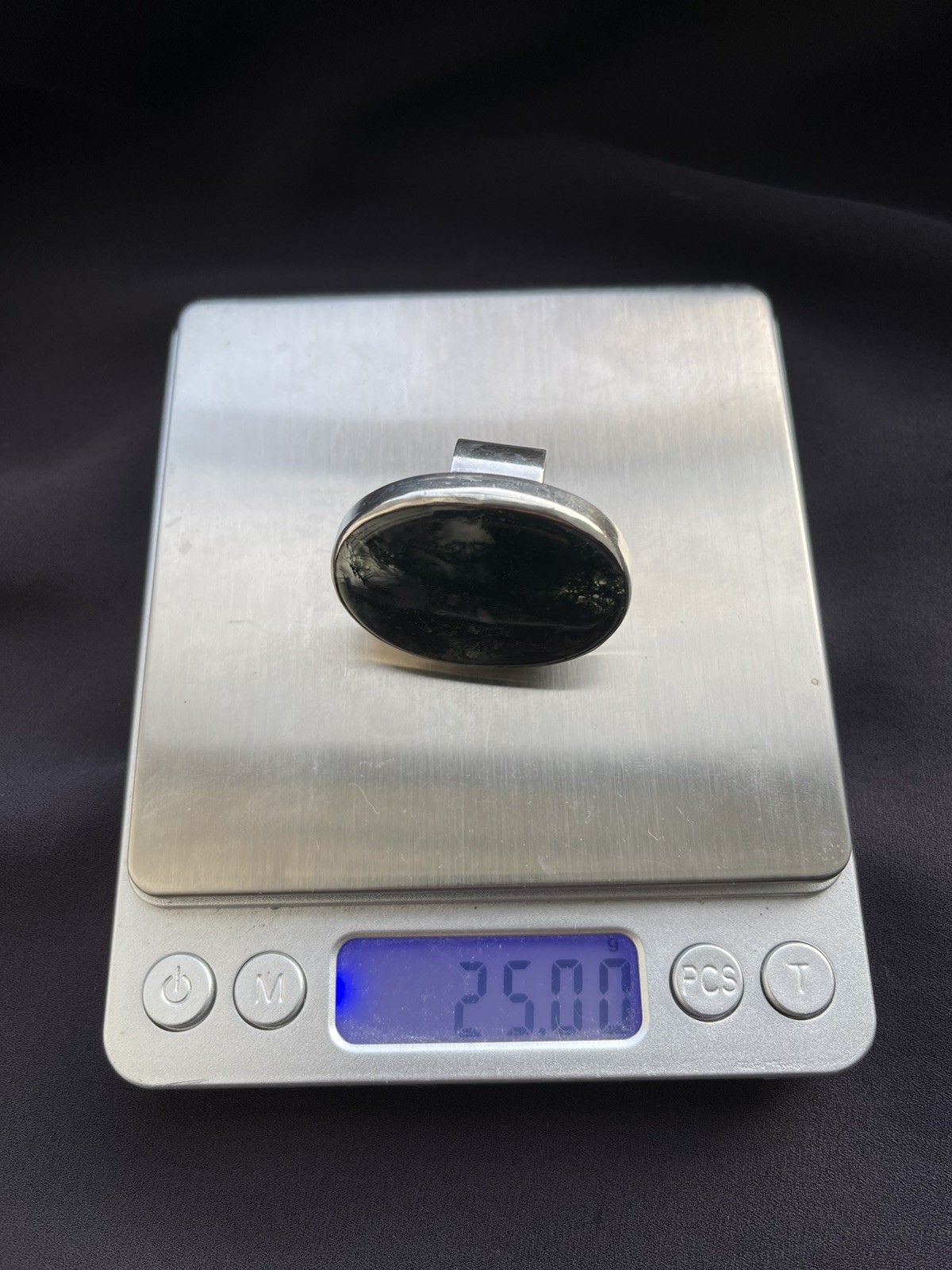 25g Large Modernist Sterling Silver Moss Agate Ring Wally Morgan UK P1/2 Euro 56