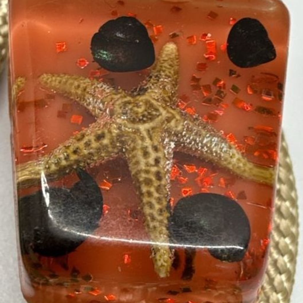 Southwestern Resin Bolo Tie Starfish Beach Shell Inlay Coastal Tan Cord Vintage