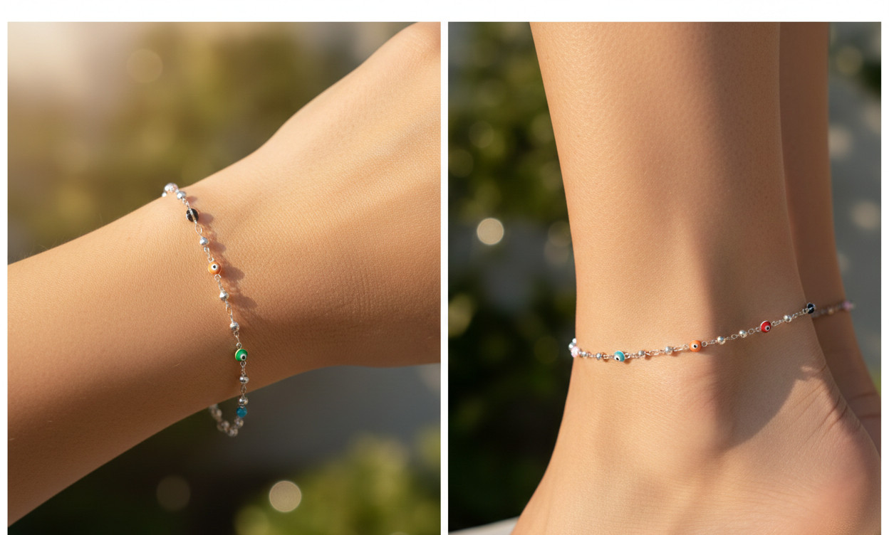 Elegant Brass Anklet | 925 Silver Plated Multi-Color Evil Eye Beaded Charm