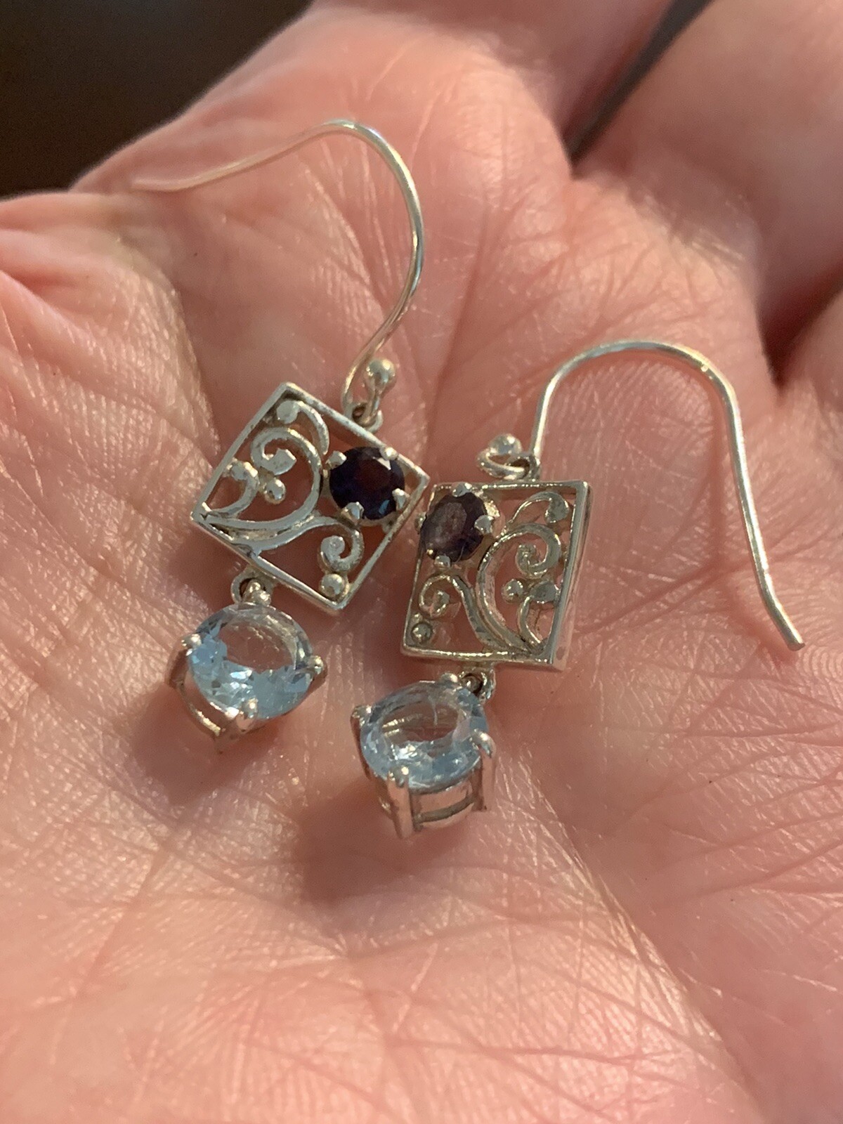 Iolite & Blue Topaz Art Deco Earrings, Sterling Silver, New