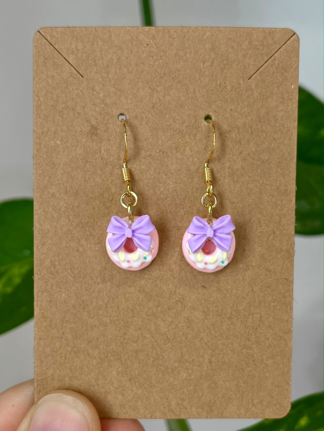 18K Gold Plated Bow Donut Doughnut Dessert Pink Purple Cute Handmade Earrings