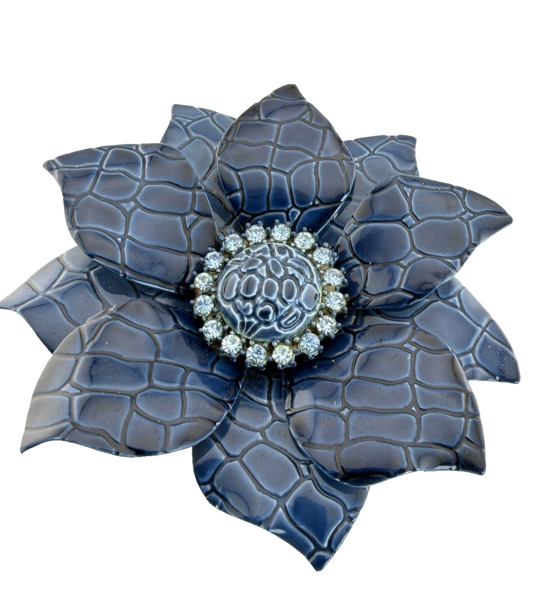 Vintage Blue LARGE Enamel Flower Brooch Pin Mod Pop Art Alligator Look Metal