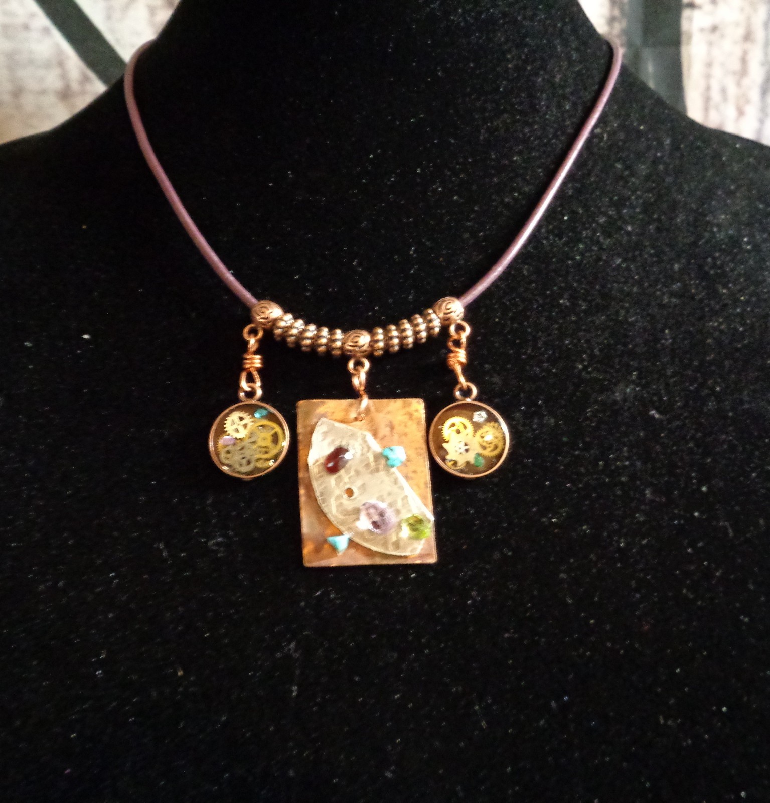 Artisan crafted,eclectic,18” necklace. Central handcrafted copper collage pendan