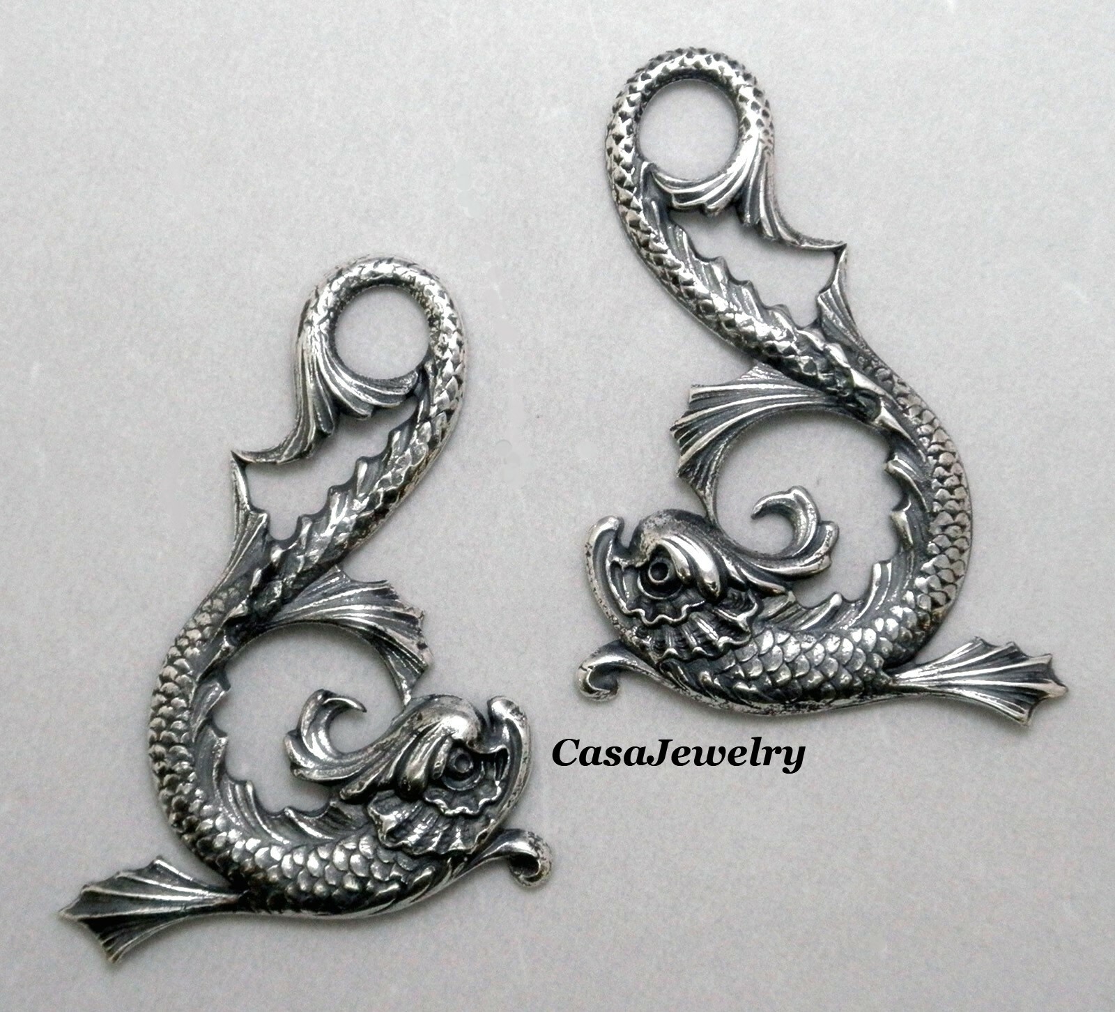 #2167 ANTIQUED STERLING SILVER PLATED ANCIENT DOLPHIN L+R’s – 2 Pc Lot (1 Pr)