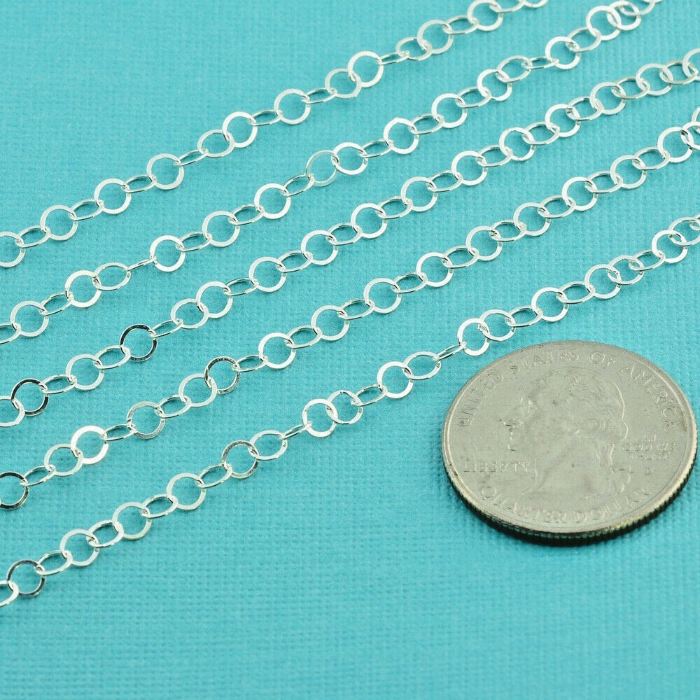 3.7mm Sterling Silver Bulk Chain Flat Round Circle Cable link By Foot