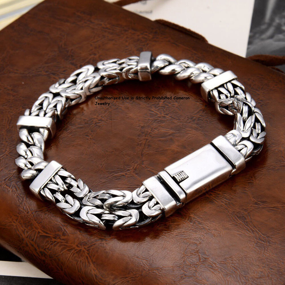 Pure S925 Sterling Silver Chain Men 11mm Curb Byzantine Link Bracelet 52g 8.26in