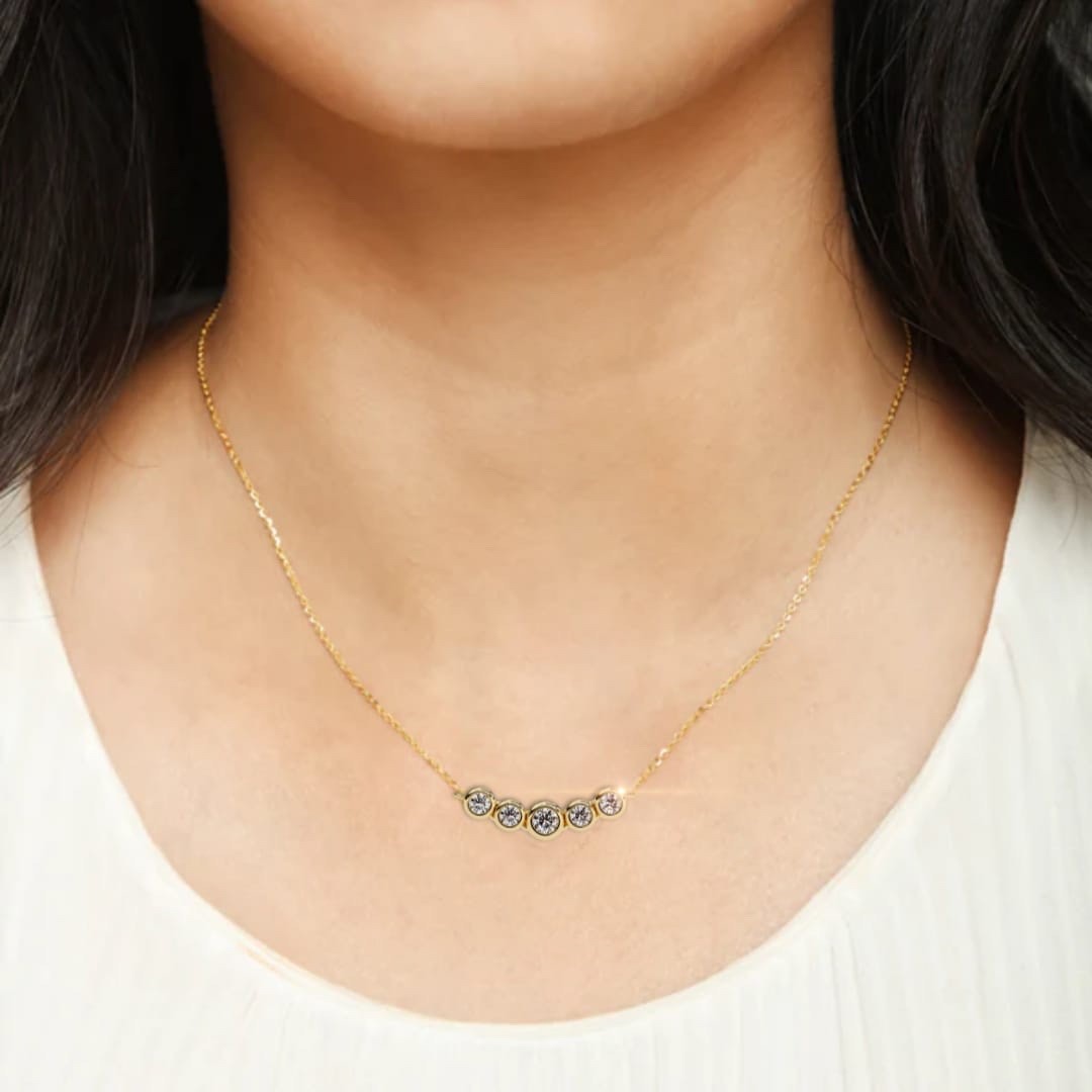 Costozon 5 Round Diamond Smile Necklace Bezel Set Curved Bar 14K White Gold
