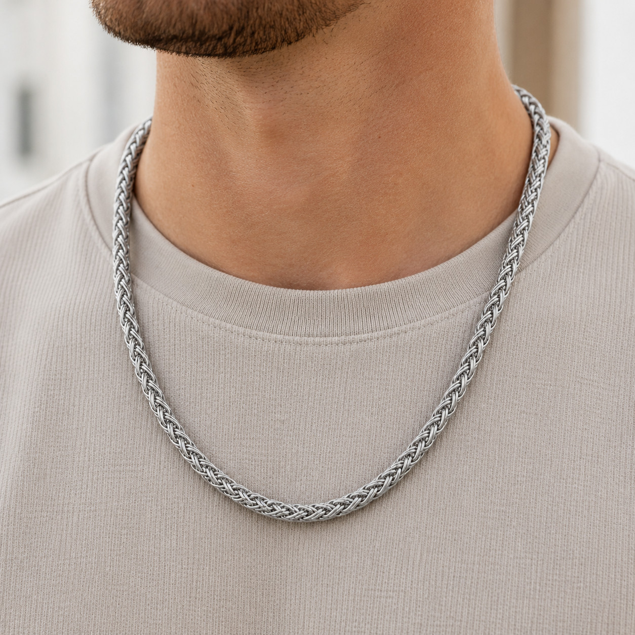 8mm Braided Wheat Chain Necklace 24in Stainless Steel Men Women Silver Tone