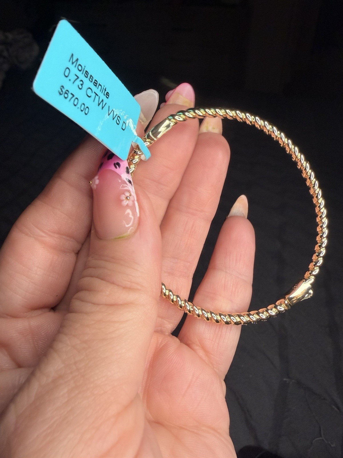 Gold Tone Rope Chain Bangle Bracelet White Moissanite Box Clasp