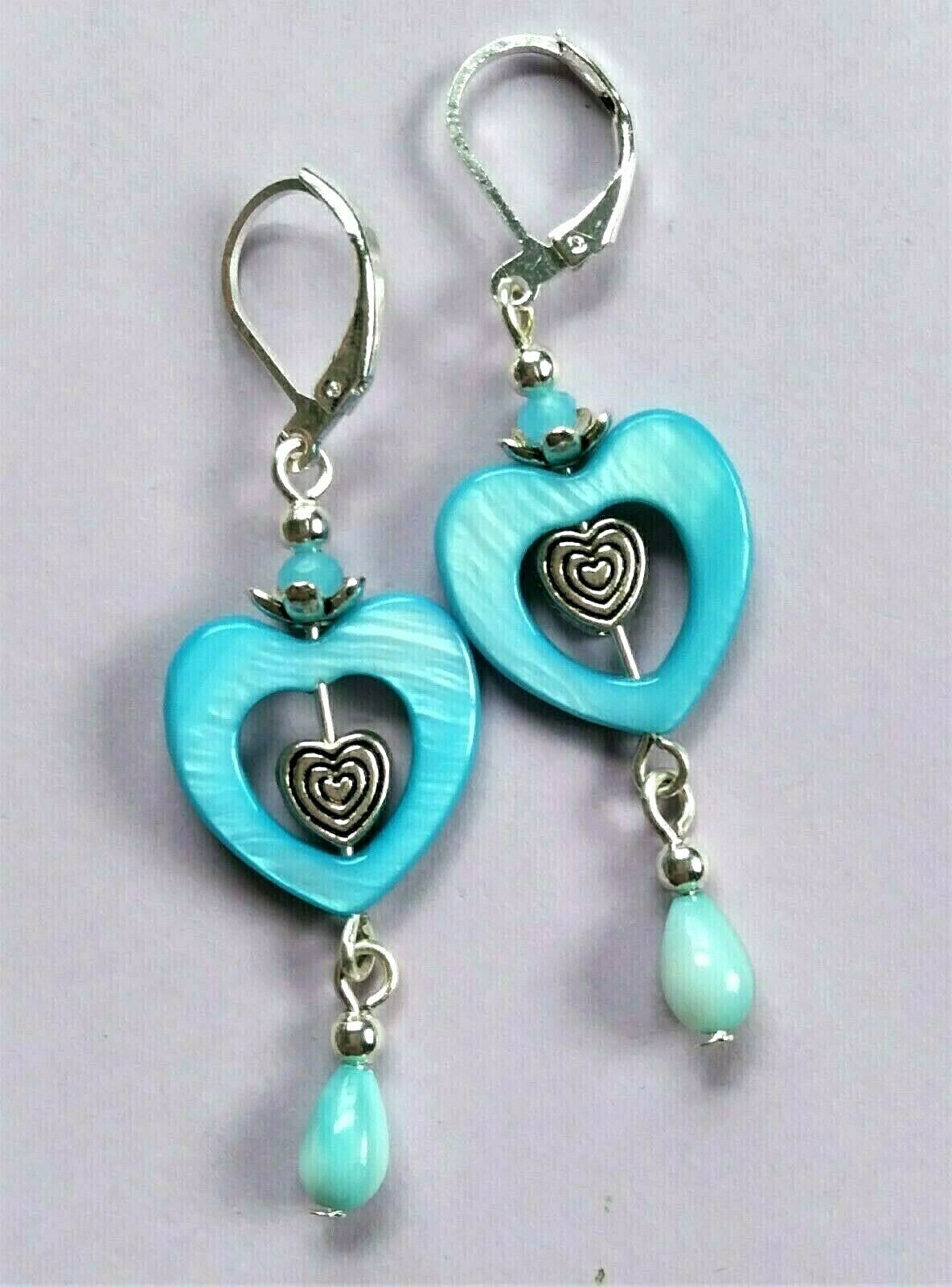 BLUE HEART SHELL dangle earring SP LEVERBACK artisan