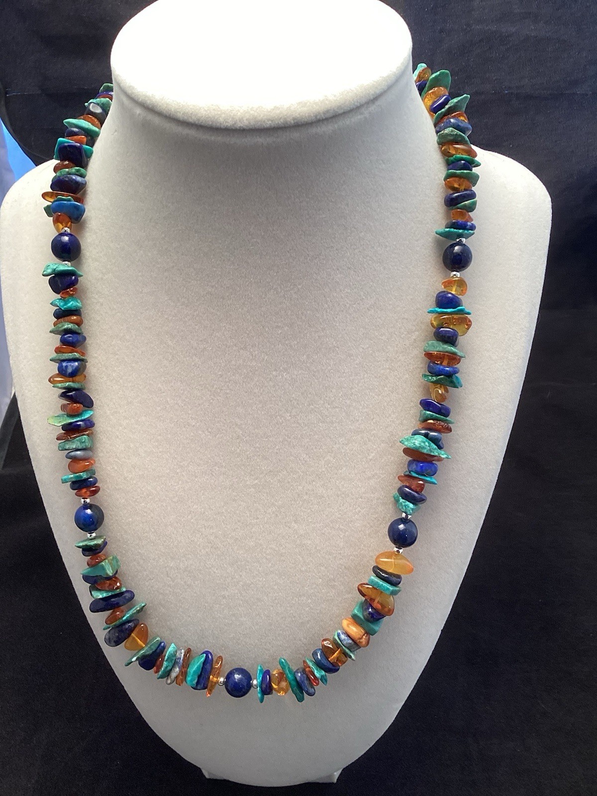 Sterling Silver Turquoise Round Lapis And Amber Chip Beaded Necklace 20.5”