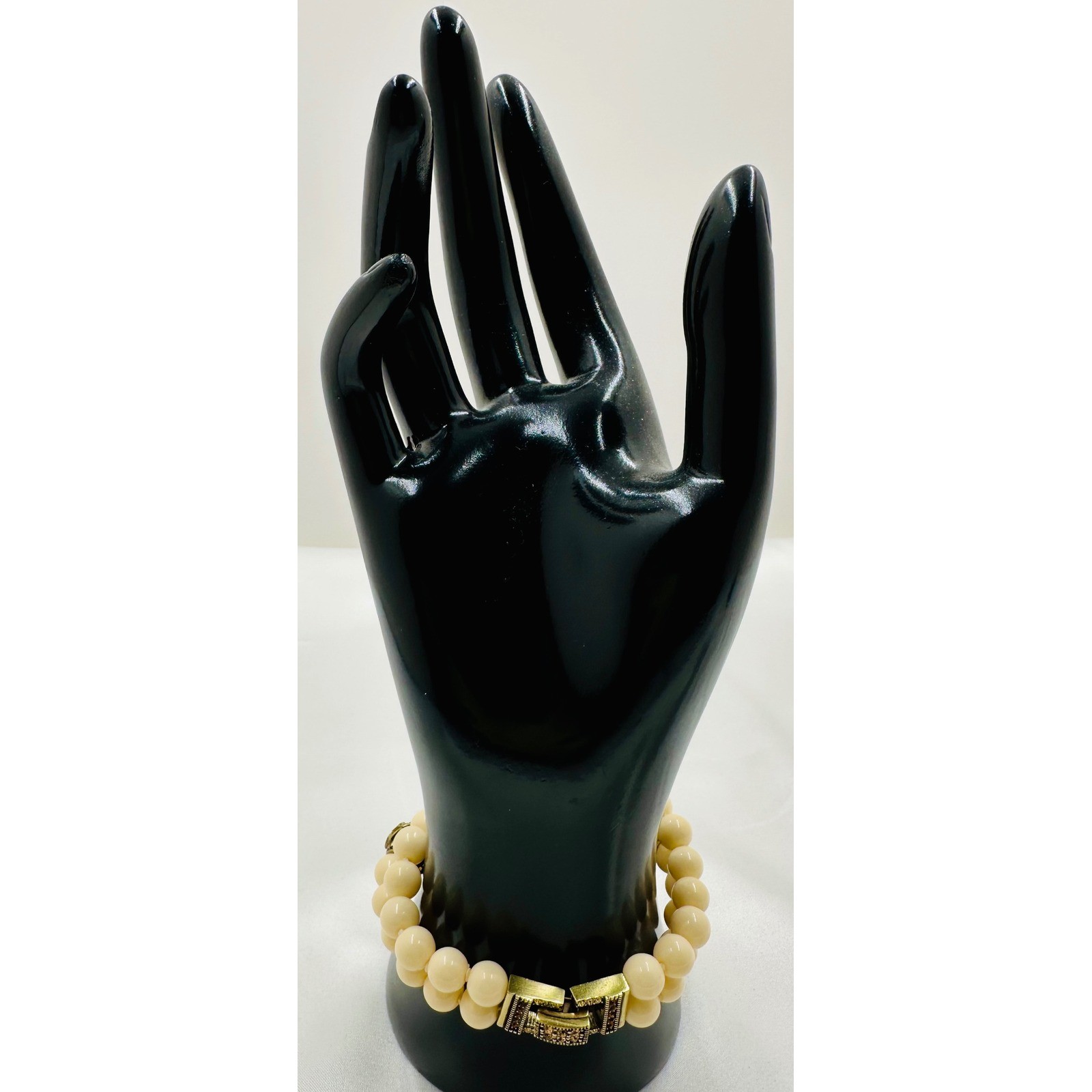 Heidi Daus Cream Faux Pearl Double Strand Bracelet Bronzetone Crystal Clasp 8in
