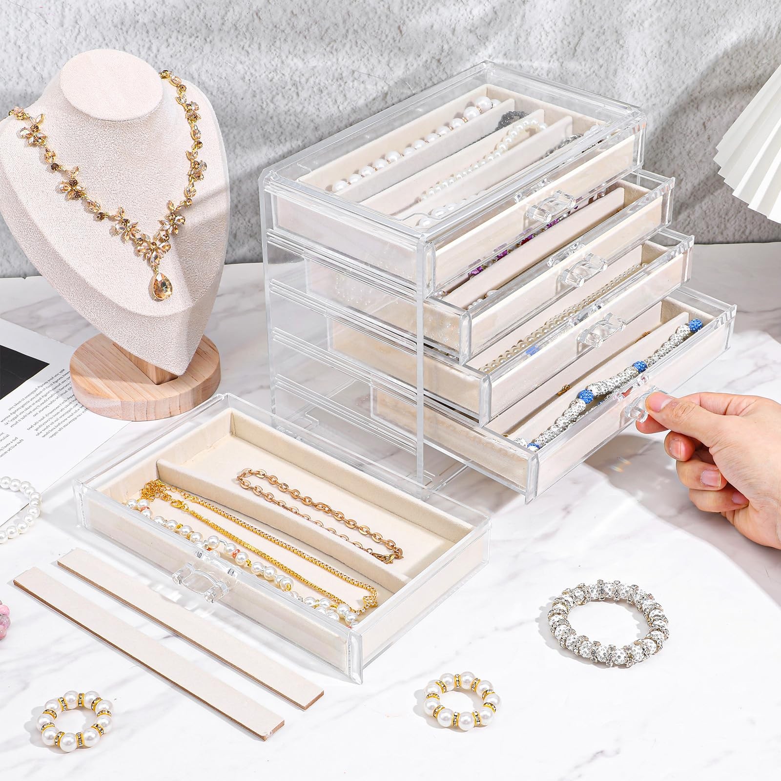 kenaeooe 5 Drawer Acrylic Necklace Holder Organizer, Clear Transparent