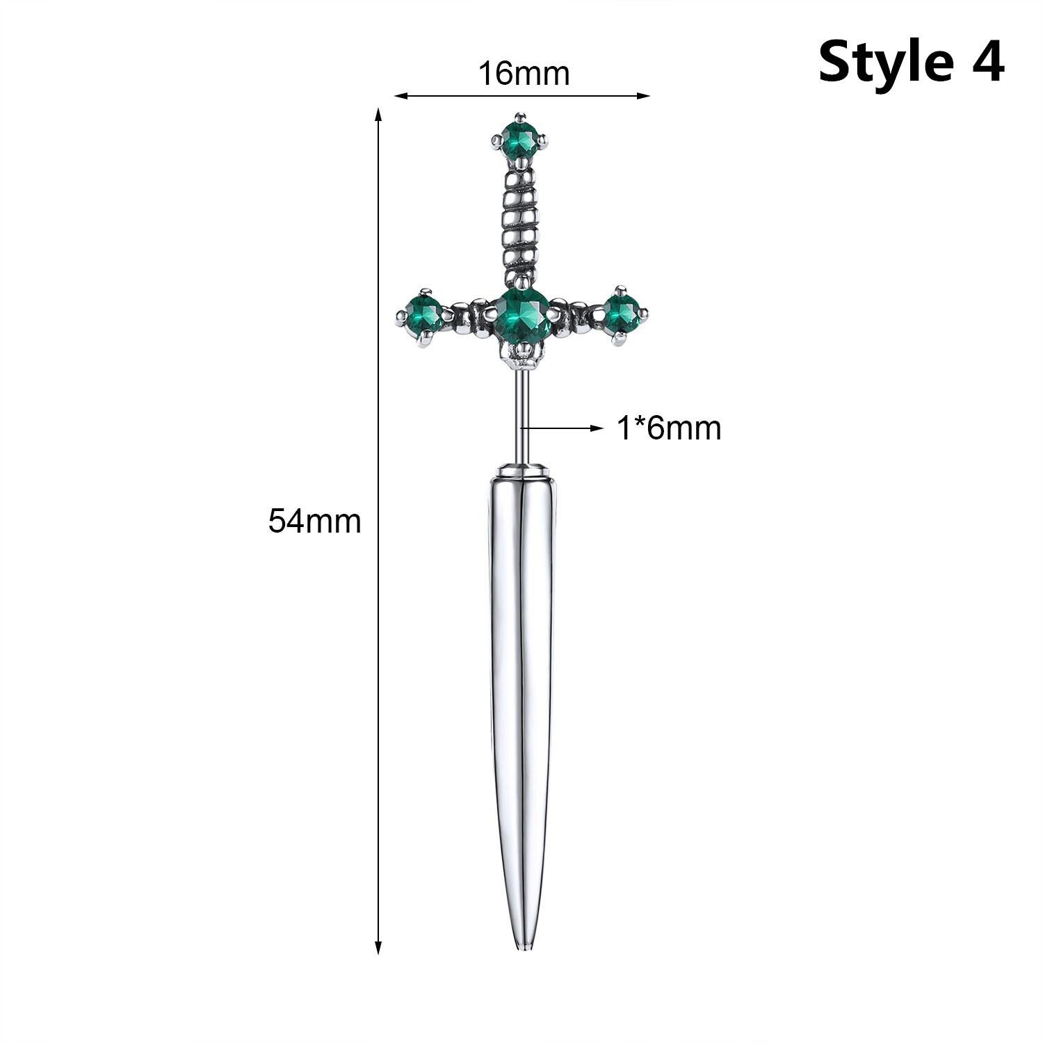 20G Punk Stainless Steel Stud Earrings CZ Dagger Sword Ear Stud Piercing Jewelry