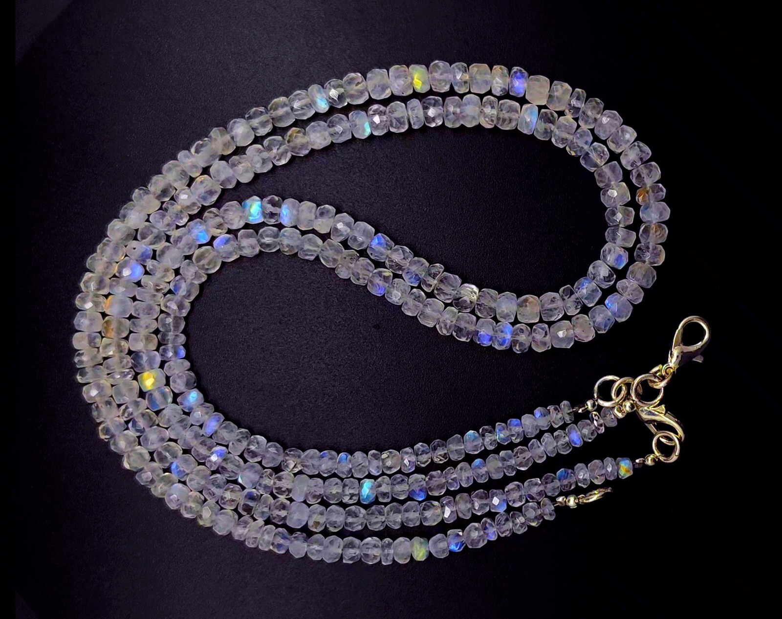 Natural Gem Blue Fire Rainbow Moonstone 4-5mm Faceted Rondelle Bead Necklace 16″