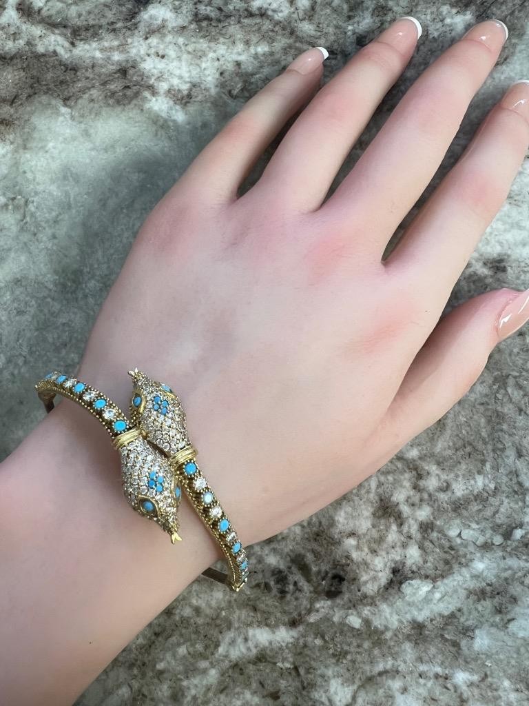 Snake Bracelet REAL Blue Turquoise 14K Gold on SOLID 925 Etruscan Victorian Rev.