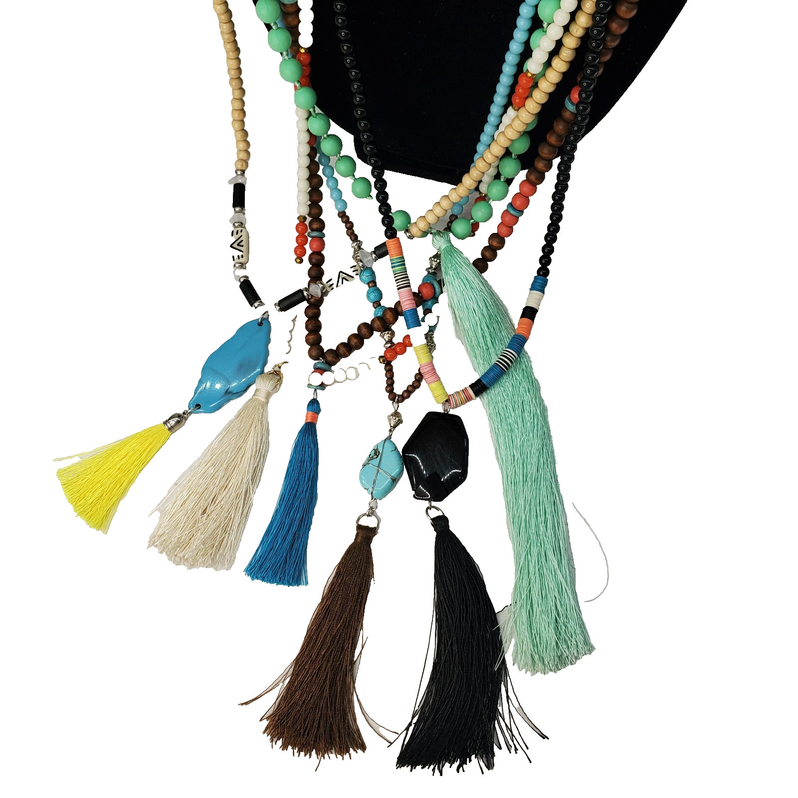 6 Beaded Tassel Necklaces – Wood & Faux Turquoise & Bone & Shell Multicolor Long