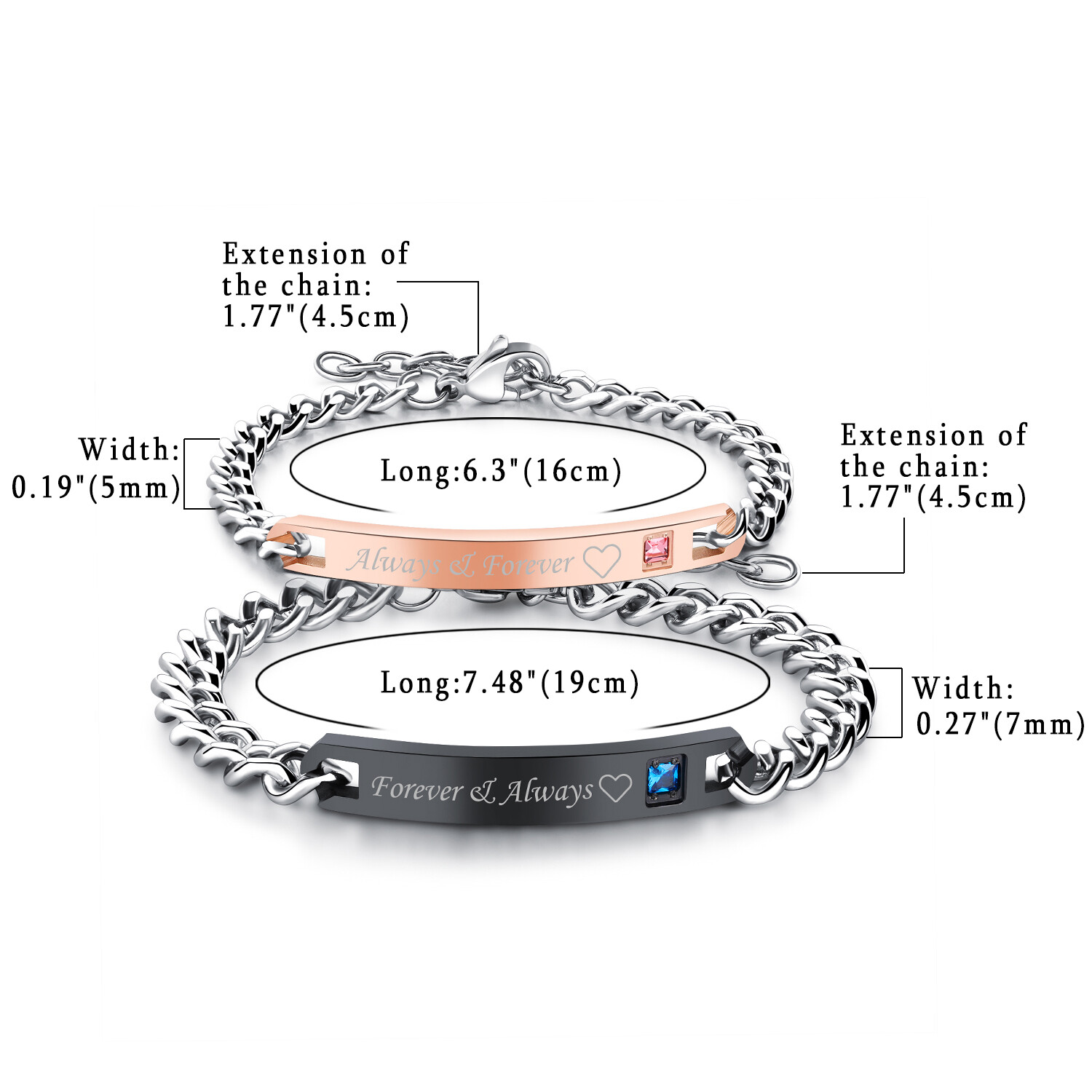 2Pcs/Set Men Women Stainless Steel CZ Rosegold Black Couple Bracelet Bangle Gift