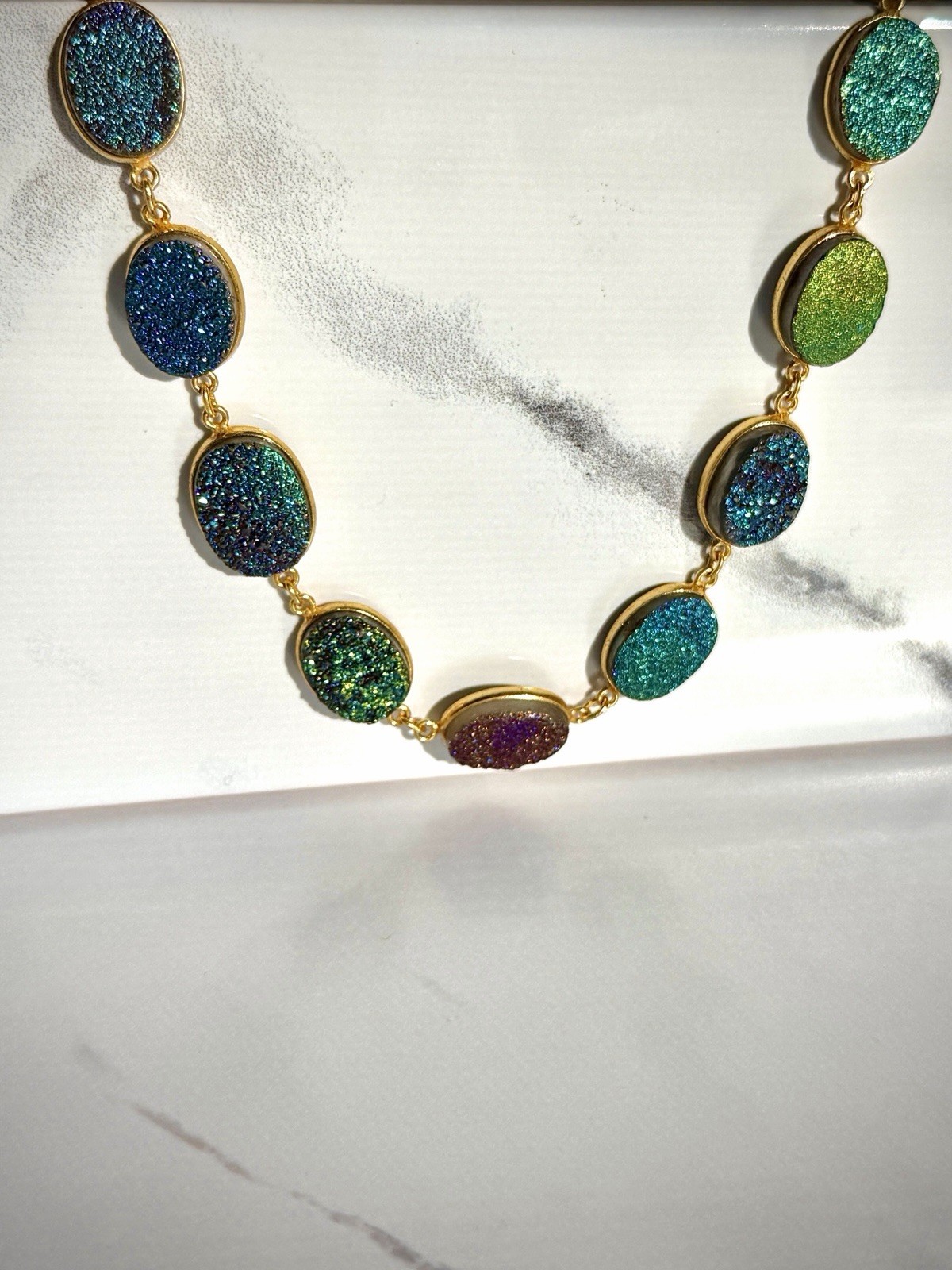 Gold Plated Sterling Silver Multi Color Druzy Link Station Necklace Rainbow New